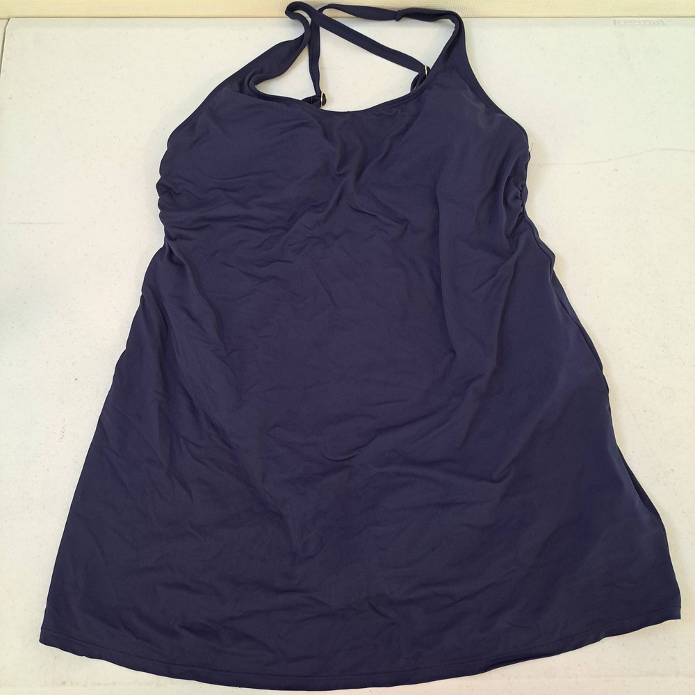 Lands' End Swim Dress Womens L Navy Blue Ruched Cross Back 1535-350